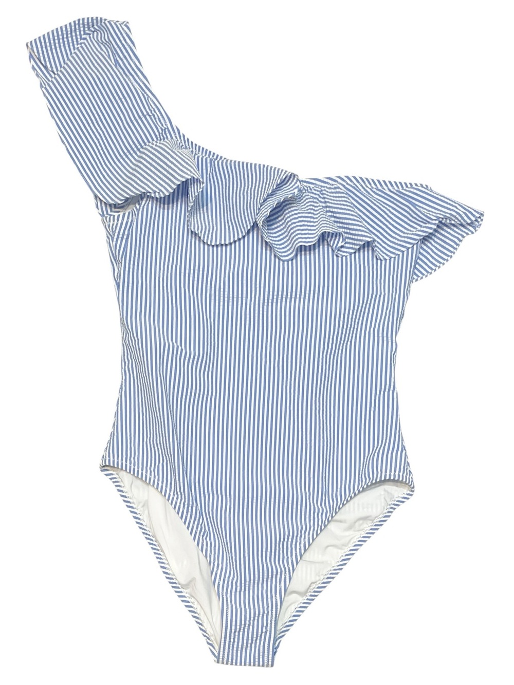 J. Crew Factory Seersucker Blue & White Ruffle One Shoulder One Piece Swimsuit L